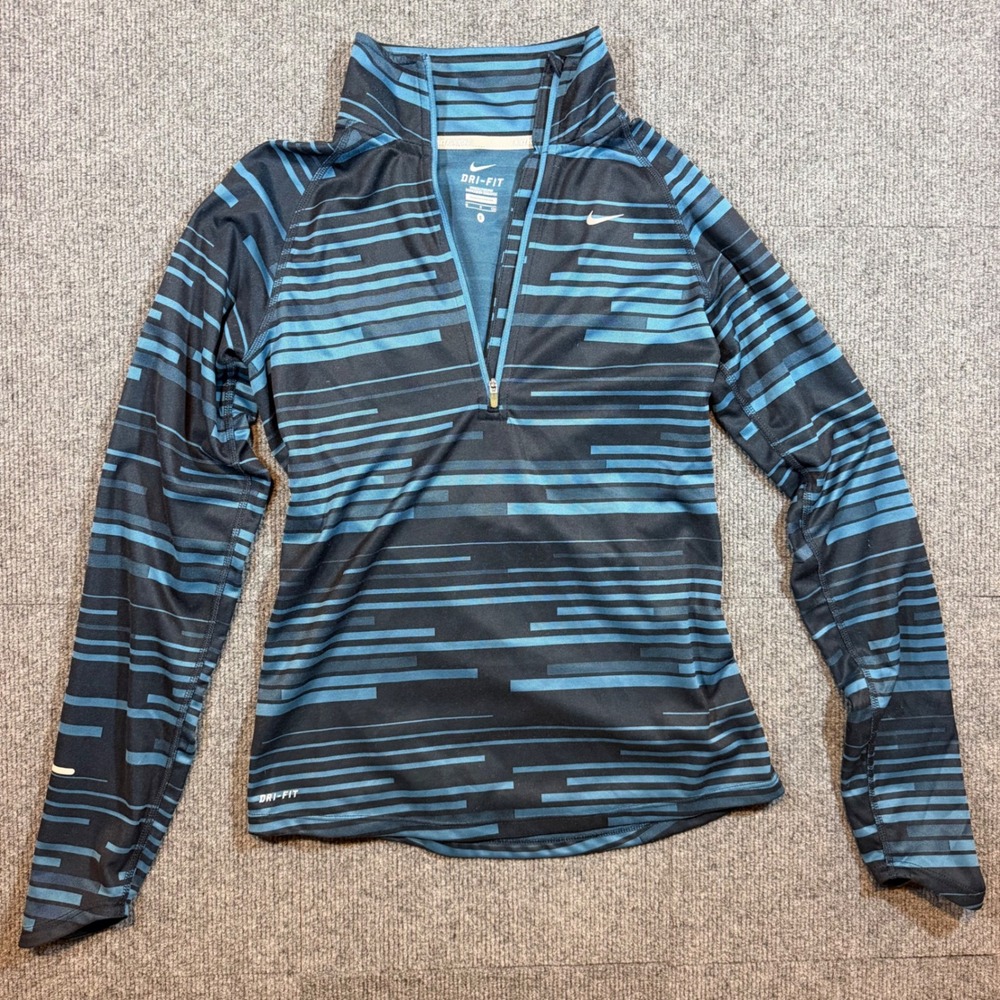 Nike Dri-FIT Women Running Quarter Zip Pullover Blue Black Stripe Small